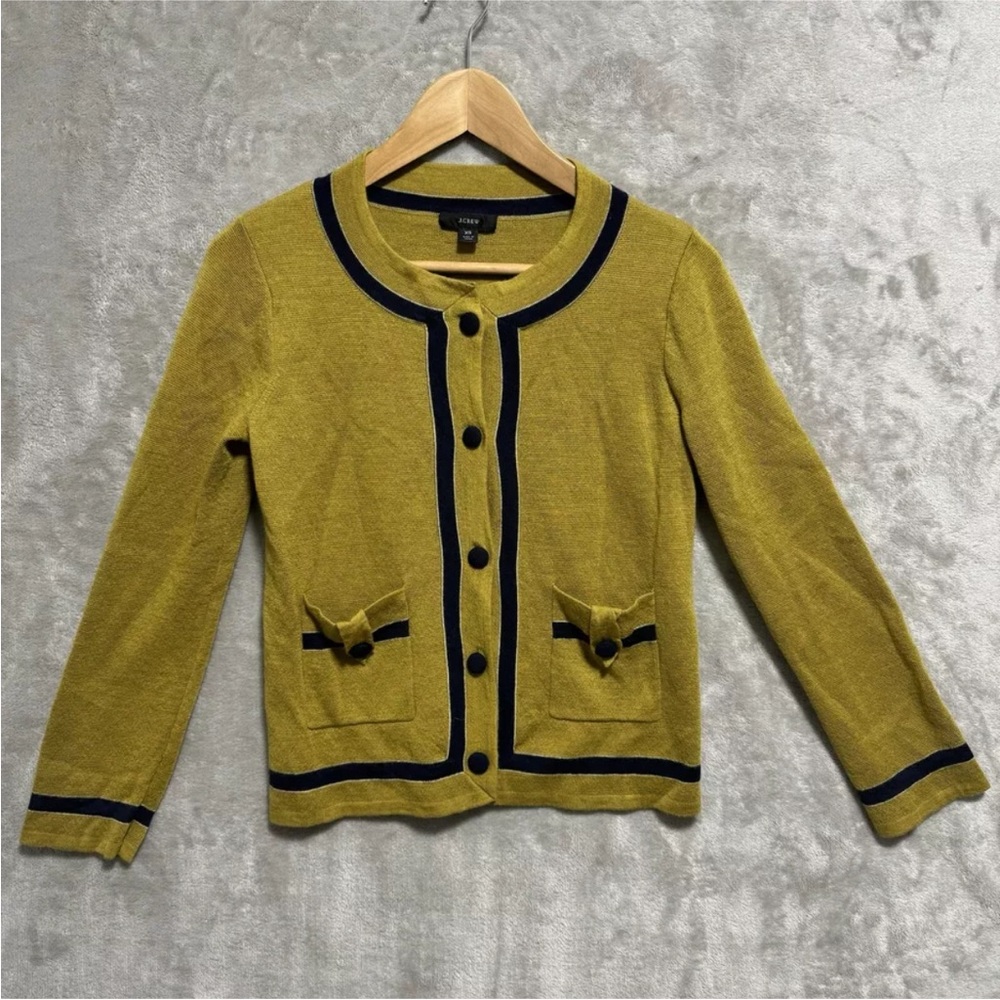 J. Crew WMNS Size XS Merino Wool Button Front Cardigan Sweater Gold & Navy AQ387